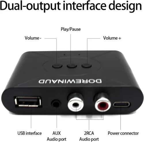 Vista 4 de Receptor de audio Bluetooth 5.3, receptor de audio inalámbrico Adaptador RCA para estéreo, unidad flash USB/NFC conexión de una tecla/altavoces