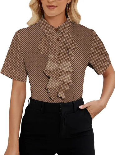 Vista 21 de Vrtige Women's Ruffle Front Collar Neck Button Down Short Sleeve Blouse Shirt Top