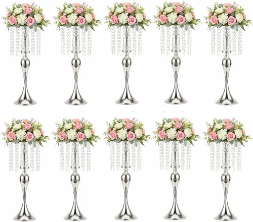 Vista 9 de Centros de mesa de boda para mesas, 21.3 pulgadas, 2 jarrones de metal dorado con cristal Soporte de flores para centros de mesa de boda