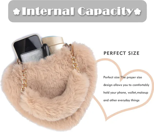Vista 5 de TANOSII Bolso de piel sintética con forma de corazón, bolso de noche esponjoso, bolso cruzado con asa superior para mujeres y niñas
