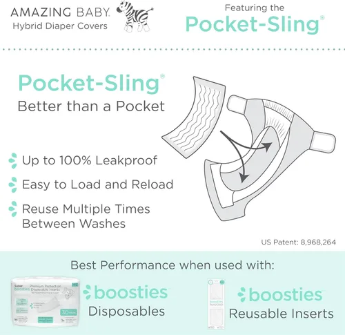 Vista 4 de SmartNappy - Funda híbrida de tela tejida de algodón por Amazing Baby, NextGen + 1 inserto reutilizable de tres pliegues + 1 refuerzo reutilizable