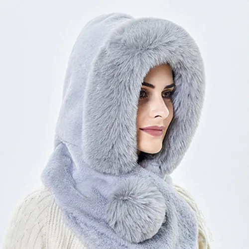 Vista 3 de Gorro de forro polar holgado de una pieza para mujer, bufanda con capucha, pasamontañas, cálido invierno, resistente al viento, con cordón