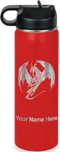 Vista 34 de LaserGram Botella de agua con tapa abatible de doble pared de 12 onzas con pajilla, dragón, grabado personalizado incluido (negro)