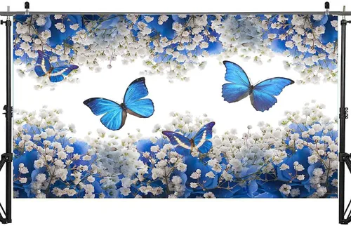 Vista 4 de BJXTGU168 - Telón de fondo de mariposas para cumpleaños, flores azules de gypsophila, telón de fondo de fotos para decoraciones de fiestas temáticas