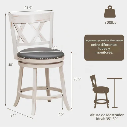 Vista 3 de COSTWAY Juego de 2 taburetes de bar para isla de cocina, taburetes giratorios de altura de mostrador sin brazos de 25.5 pulgadas con asiento