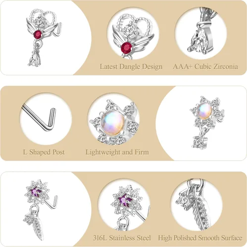Vista 4 de Dochias - 9 aretes colgantes de nariz de 20 G para mujer, de acero inoxidable, en forma de L, corazón, flecha, plumas, copo de nieve, ala de copo