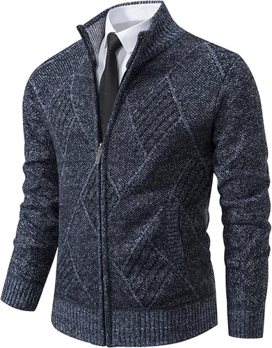 Vista 2 de VtuAOL Suéteres tipo cárdigan para hombre, suéteres casuales con cremallera completa, cárdigan de punto con bolsillos