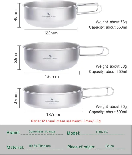 Vista 5 de iBasingo Juego de 3 piezas de ollas de titanio para acampar con mango plegable, juegos de ollas de cocina para campamento al aire libre