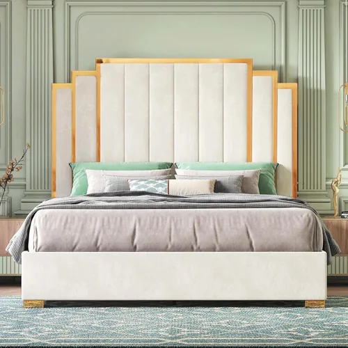 Vista 9 de HOWE Base de cama tapizada tamaño Queen de 61 pulgadas con borde chapado en Negro