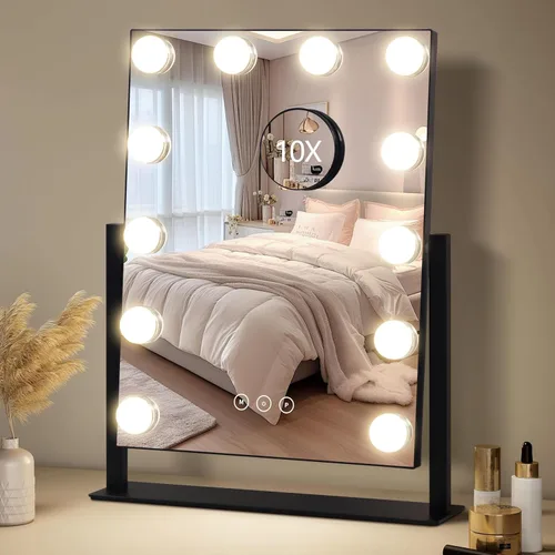 Vista 8 de Espejo de tocador con luces, espejo de maquillaje con luces con 9 bombillas LED regulables, 3 modos de iluminación de color desmontables, espejo
