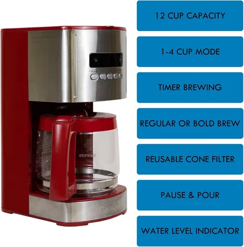 Vista 3 de Kenmore - Cafetera de goteo – Máquina de café programable de 12 tazas con jarra de vidrio, preparación regular y fuerte, apagado automático