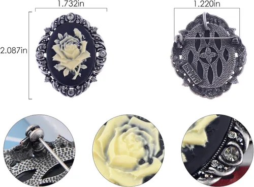 Vista 6 de Alilang Broche de camafeo de flores de cristal rosa y rosa de inspiración vintage