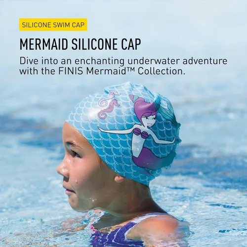 Vista 2 de FINIS Gorra de silicona de sirena, divertido gorro de natación para niños con un ajuste universal, gorra de natación 100% de silicona con borde