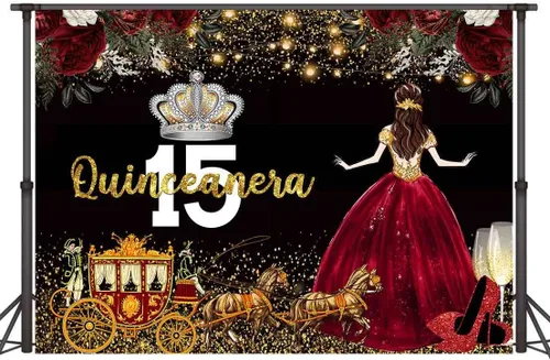 Vista 4 de Vestido rojo, fondo de flores de rosa, telón de fondo de cumpleaños de quinceañera para niña, princesa, feliz cumpleaños 15, carruaje de fotografía