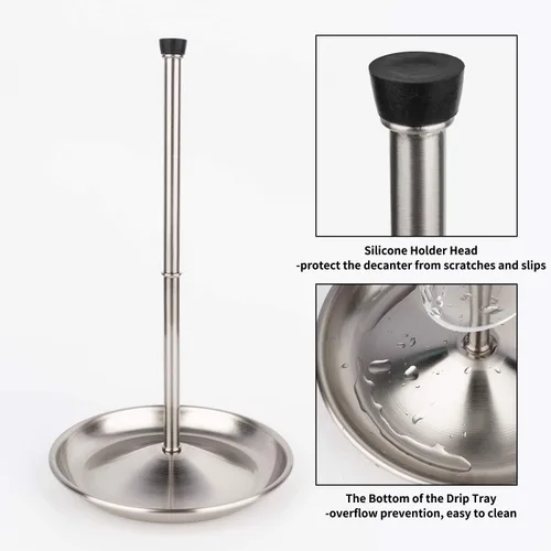 Vista 5 de Soporte de secado de decantador de vino con cabeza de silicona para evitar arañazos, estante desmontable con base de captura de goteo con tapón