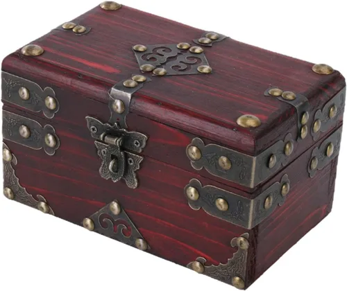 Vista 3 de Pirate Treasure Chest Wooden Box with Lock Rustic Collectible Storage Jewelry Box 9.06x6.30x6.30inch