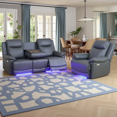 Vista 7 de Air Leather - Juego de sofá reclinable eléctrico con LED, juegos de muebles de sala de estar, juego de sofá reclinable eléctrico con puertos USB