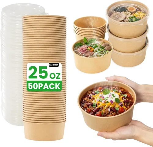 Vista 10 de 100 cuencos de papel desechables de 25 onzas (sin tapas), cuencos de sopa desechables, aptos para microondas, para sopa caliente, pasta, sándwiches