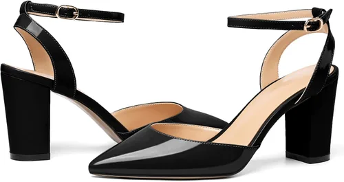 Vista 4 de Soireelady Tacones altos gruesos para mujer, tacones puntiagudos, correa al tobillo, sandalias envolventes de charol con diseño recortado, zapatos