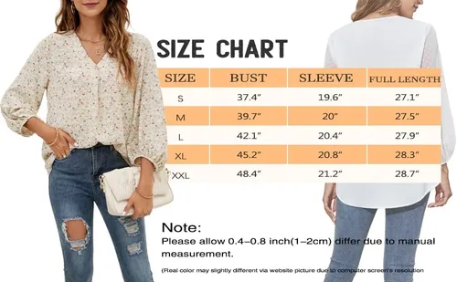 Vista 6 de POGTMM Blusa de verano de gasa con cuello en V y manga 34 para mujer, casual, holgada, para el trabajo, negocios, floral, túnica