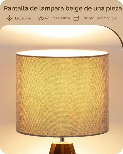 Vista 3 de EDISHINE Lámpara de mesa pequeña estilo Boho, lámpara de mesa de madera color nogal con trípode, lámpara de mesita de noche estilo granja