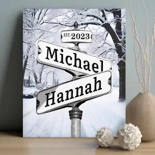 Vista 9 de WNNNS Póster de letrero de calle vintage con nombre personalizado para parejas, novia, novio, impresiones en lienzo personalizadas para enamorados