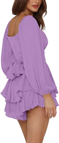 Vista 3 de LYANER - Enterizo con volados de manga larga estilo farol y con lazo, para mujer, rómper corto