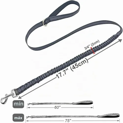 Vista 3 de Correa elástica para perro - Correa de nylon reflectante y de 5 pies con absorción de golpes Entrenamiento anti-jalón para perros Negro