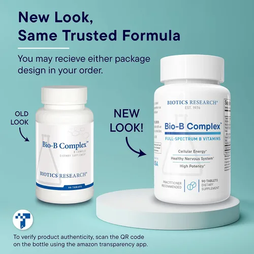 Vista 4 de BIOTICS Research Bio B Complex Complejo B de alta potencia con folato y vitaminas B2, B6 y B12 para la producción de energía. Apoya la función