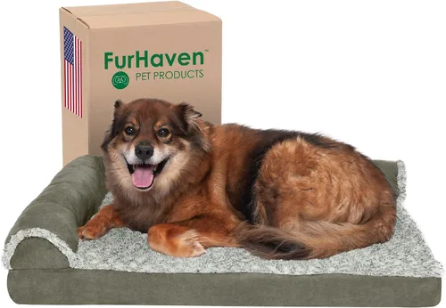 Vista 20 de Furhaven - Cama para perro de espuma viscoelástica, estilo diván en forma de L, de felpa y estampado de almendras, almendras azules, talla jumbo