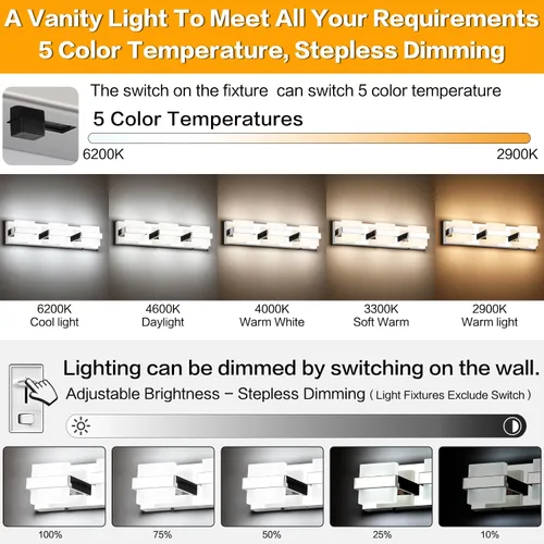 Vista 2 de SOLFART Luz de Baño Ajustable de 5 Temperaturas de Color con 3 Luces, Luz LED Moderna de Tocador, Accesorios de Iluminación de Baño para Espejo