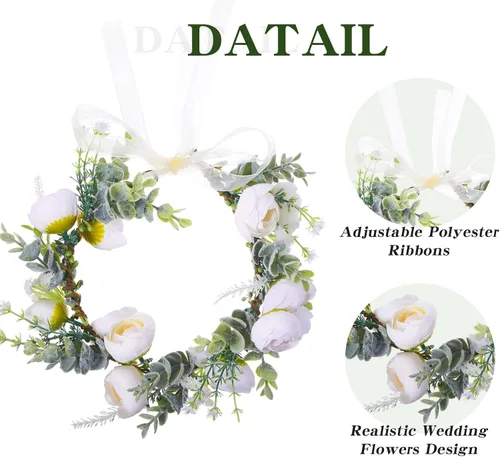 Vista 4 de Honoson Collar de flores de boda ajustable para perro, corona floral de rosas blancas artificiales con cinta, accesorios de accesorios para mujeres
