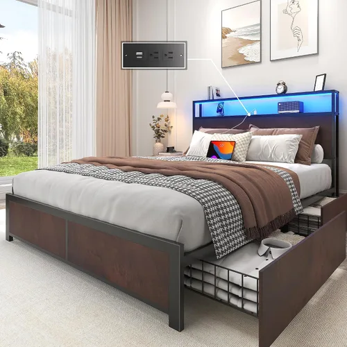 Vista 17 de Lifezone Base de cama Queen con cabecera de almacenamiento de 2 niveles, base de cama de plataforma de metal con 4 cajones de almacenamiento, gris