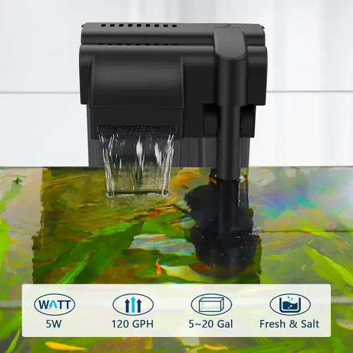 Vista 2 de fishkeeper Filtro de acuario ultra silencioso de 5 W 120 GPH para colgar en la parte posterior, filtro bioquímico de 4 etapas para tanque de peces