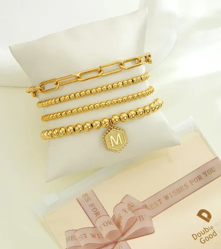 Vista 6 de doubgood - Pulseras de cuentas doradas para mujer, apilables, elásticas, chapadas en oro auténtico de 14 quilates, con dije de letras