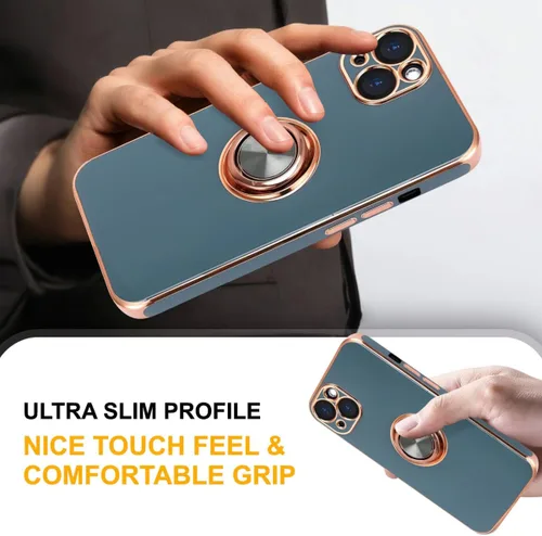 Vista 5 de Funda diseñada para iPhone 13, soporte de anillo giratorio de 360° integrado, soporte magnético, silicona suave, cubierta protectora ultra delgada