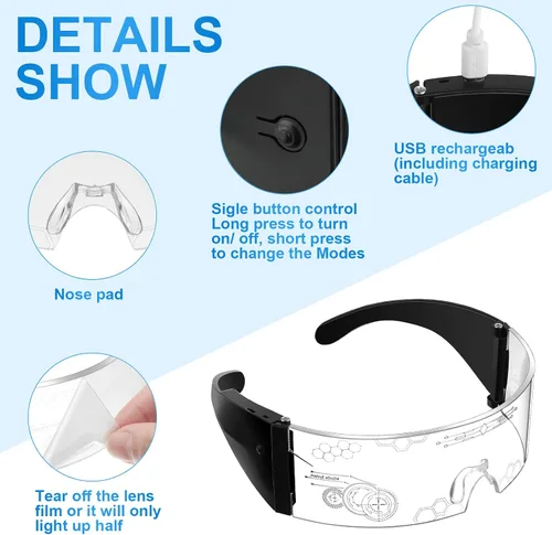 Vista 3 de 3 pares de gafas LED con visera de 7 colores LED futuristas cibernéticas y 5 modos recargables transparentes brillantes luminosas para niños adultos