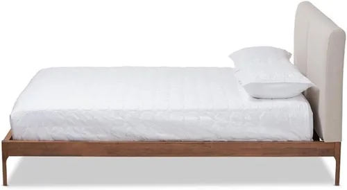 Vista 4 de Baxton Studio Aveneil Mid-Century - Cama tapizada de tela beige con acabado de nogal tamaño matrimonial