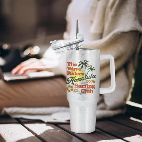 Vista 5 de AGH Paquete de 4 vasos de sublimación blancos con purpurina de 40 onzas con popote y tapa de acero inoxidable, vasos aislados al vacío de doble