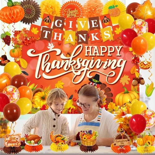 Vista 5 de Decoraciones de Acción de Gracias para fiestas, pancarta de Acción de Gracias, telón de fondo naranja y espirales colgantes, centros de mesa