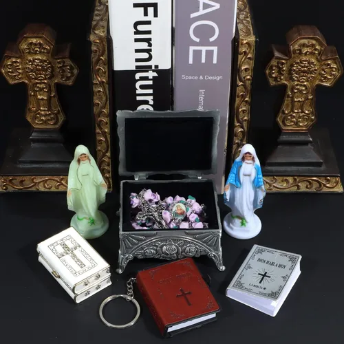 Vista 4 de WHLHMK Rosario católico con caja de joyería de rosas, collar de rosario de arcilla polimérica con caja de joyería de metal vintage, regalos