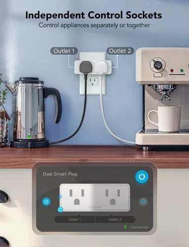 Vista 4 de Govee Paquete de 2 enchufes inteligentes duales, toma Bluetooth WiFi de 15 A, funciona con Alexa y Google Assistant, diseño compacto 2 en 1, control