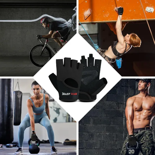 Vista 8 de BEAST RAGE Guantes de entrenamiento para hombres y mujeres, guantes de gimnasio sin dedos con protección de la palma, transpirables y ligeros