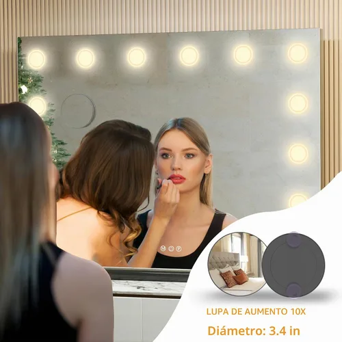 Vista 4 de Hasipu Espejo de tocador con luces, espejo de maquillaje de 32 x 24 pulgadas, espejo iluminado con 14 luces LED regulables y aumento de 10X, 3 modos