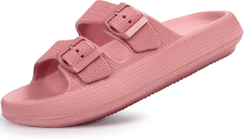 Vista 16 de Weweya Sandalias para mujer y hombre - Pantuflas acolchadas - Sandalias ajustables con doble hebilla - Sandalias planas de EVA