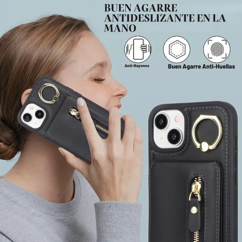 Vista 6 de para iPhone 14 Funda con soporte magnético Magsafe compatible, llavero de cuero PU plegable con soporte desmontable, funda tipo cartera 2-en-1