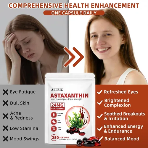 Vista 3 de ALLBIZ Astaxantina 24 mg 250 cápsulas blandas Suministro para 250 días Suplemento antioxidante premium que apoya la salud de los ojos
