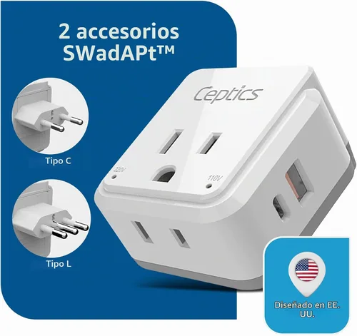 Vista 3 de Ceptics - Juego de adaptadores de enchufe de viaje para Chile, Roma, Italia, adaptador de enchufe para Chile USB-USB-C 20W PD-QC 18W, 2 tomas