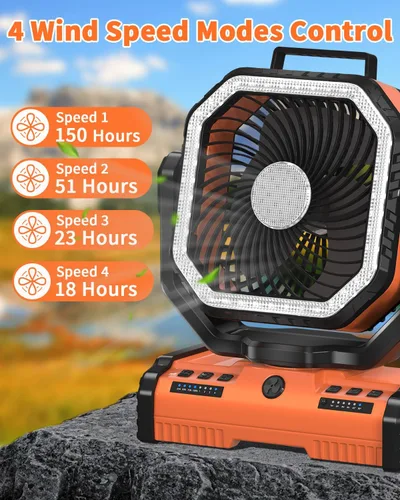 Vista 3 de ADUST Ventilador de campamento de 12 pulgadas, funciona con pilas, con linterna LED, ventilador oscilante portátil recargable de 44000 mAh