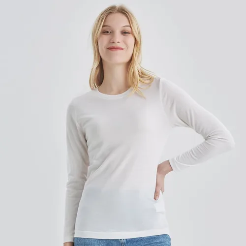 Vista 2 de 100% lana merino capa base mujer suave térmica manga larga camisa diaria Crema natural